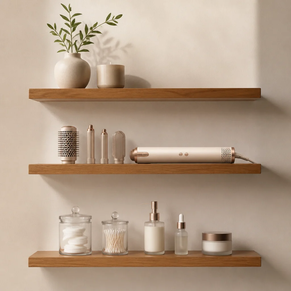 Three slim floating oak shelves staggered on an ivory wall holding a styling tool, glass jars, and a small vase