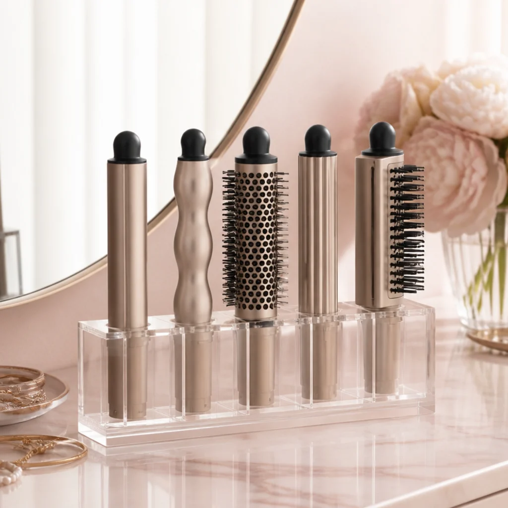 Clear acrylic stand with individual vertical slots holding multi-styler barrels upright on a blush vanity counter