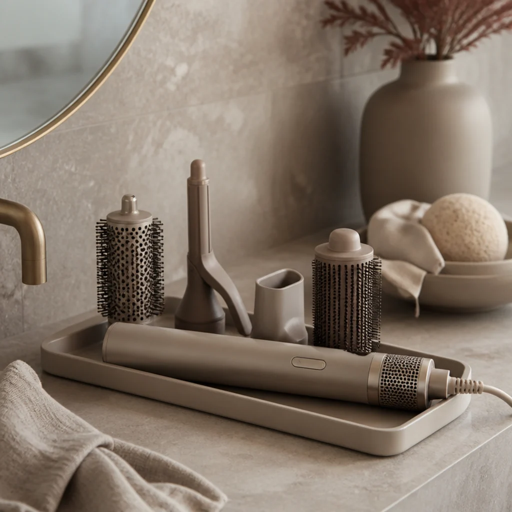Vanity corner layered in taupe, greige, and mushroom tones with a styling tool, ceramic tray, and neutral textiles under soft light