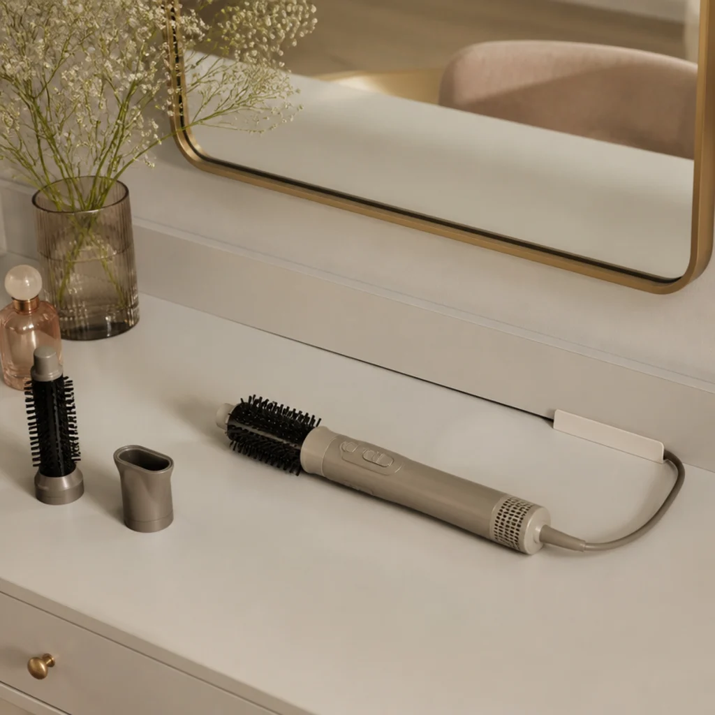 Vanity with a styling tool whose cord disappears into a discreet adhesive channel at the counter's back edge, leaving a clean ivory surface