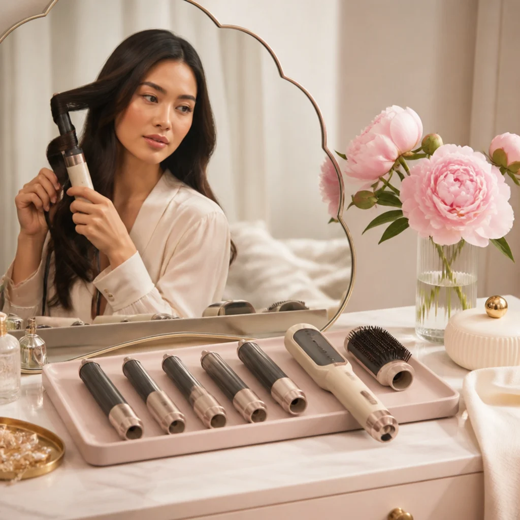 Blush-toned vanity with a scalloped mirror, styling tool on a pink tray, and fresh peonies in a bud vase