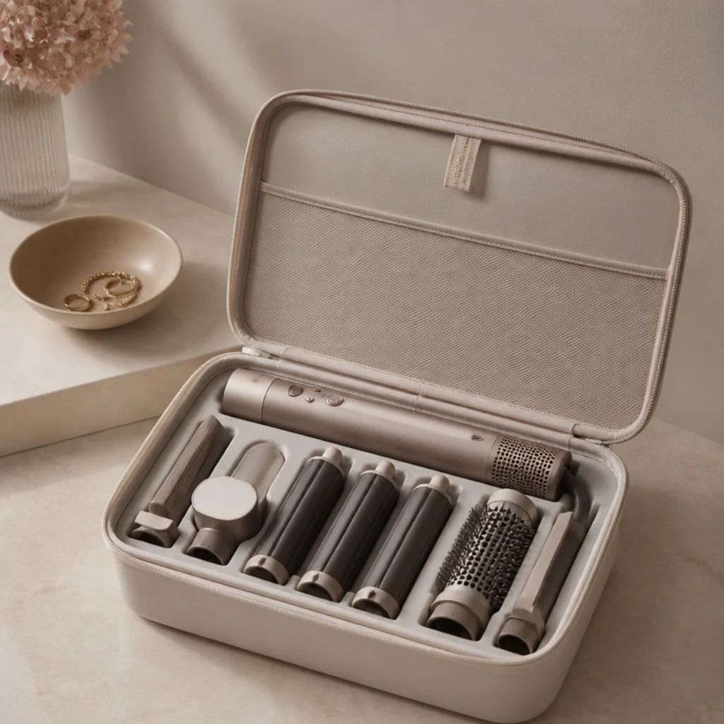 Structured travel case open on an ivory counter holding a styling tool and attachments in fitted foam slots
