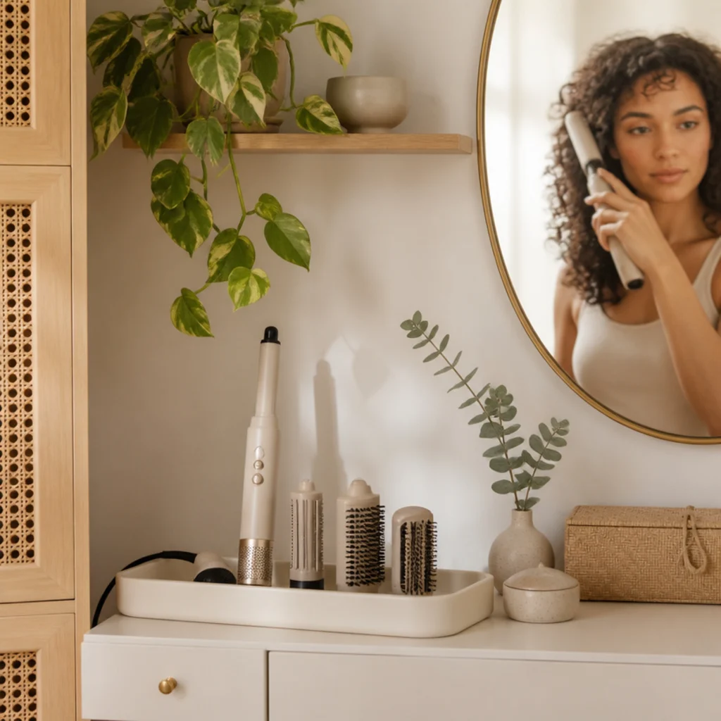 Vanity softened with a trailing pothos and a small eucalyptus sprig in a vase beside a styling tool on a cream tray