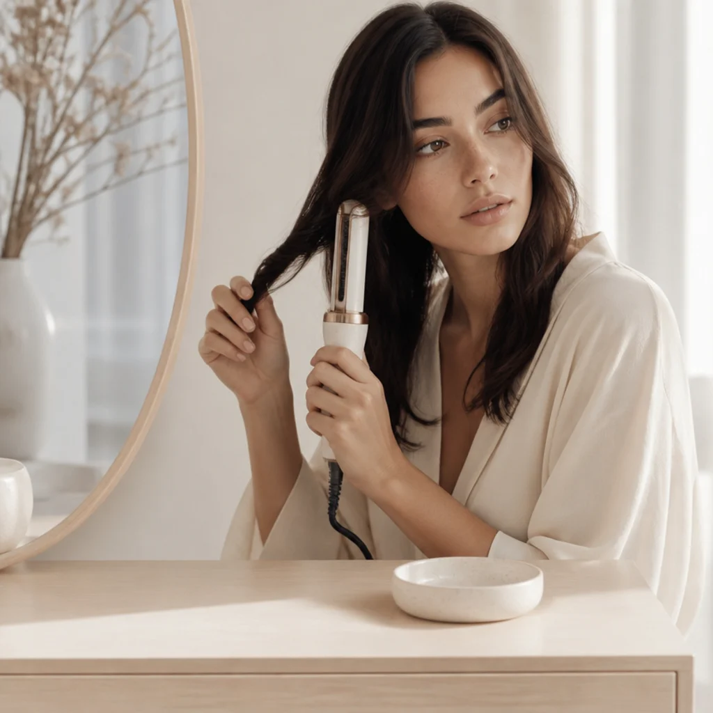 Scandinavian-style vanity in pale wood and white with a styling tool, simple round mirror, and a single ceramic dish