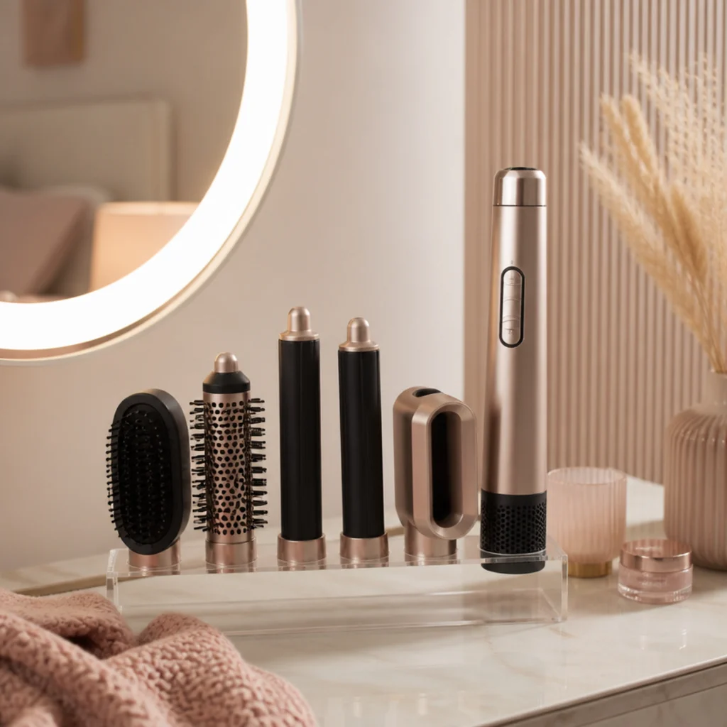 Content creator vanity with soft ring-light glow, a styling tool on a clear acrylic stand, and a clean neutral backdrop