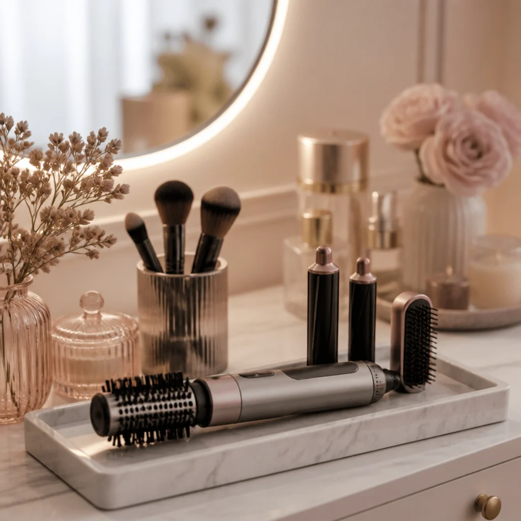 Warm ivory beauty vanity styled with a generic premium multi-styler on a marble tray, soft mirror lighting, and neat brush storage