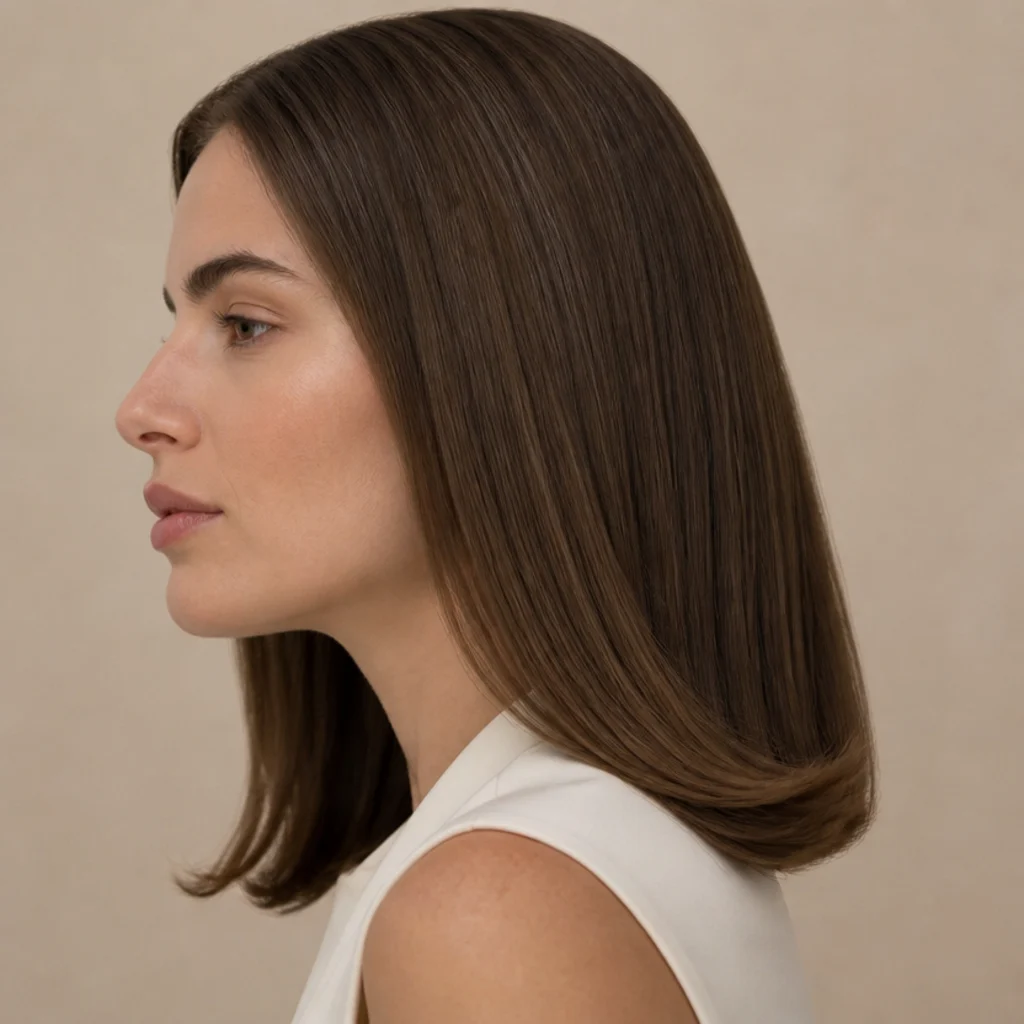 Side profile of a woman with a sleek smoothed blowout, frizz-free flat lengths with a subtle inward bend at the ends, taupe backdrop