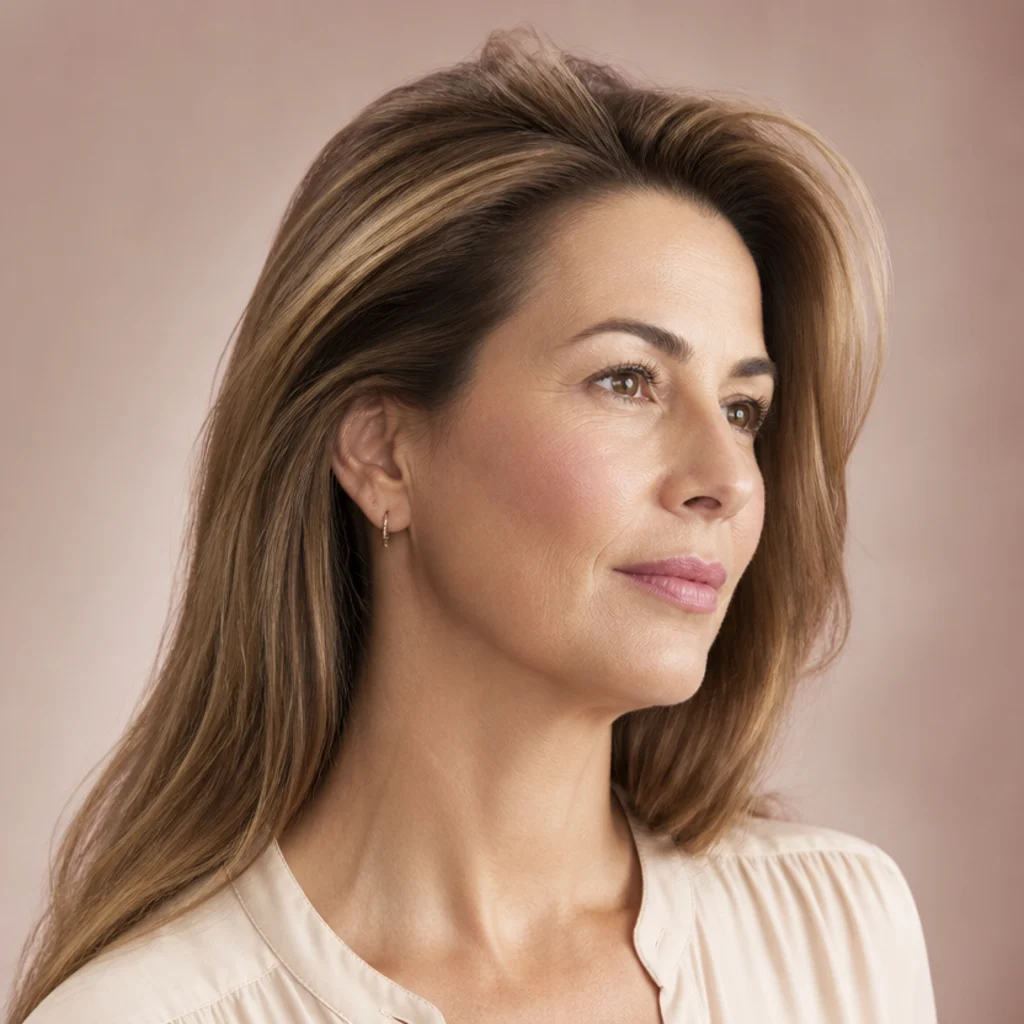 Three-quarter view of a woman with soft lifted roots at the crown and smooth lengths, showing added volume and shadow, muted blush backdrop
