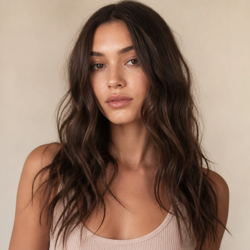 Woman with long hair in loose airy beach bends, open undone waves with gaps between bends, warm ivory backdrop