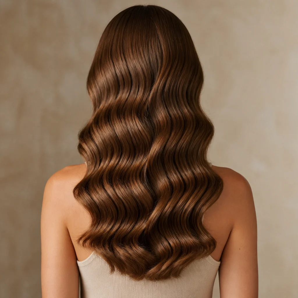 Back view of medium-length hair styled in even repeating S-waves with a symmetric ribboned pattern, taupe backdrop