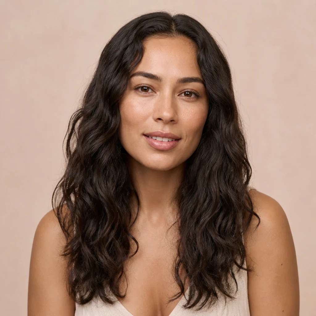 Woman with naturally wavy 2C to 3A hair, frizz calmed into a defined shiny natural wave, muted blush backdrop