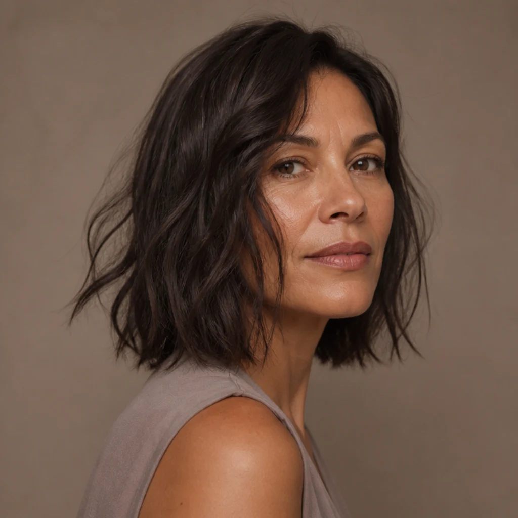 Woman with a shoulder-length lob in piecey tousled texture with mixed-direction bends, low-polish undone finish, taupe backdrop