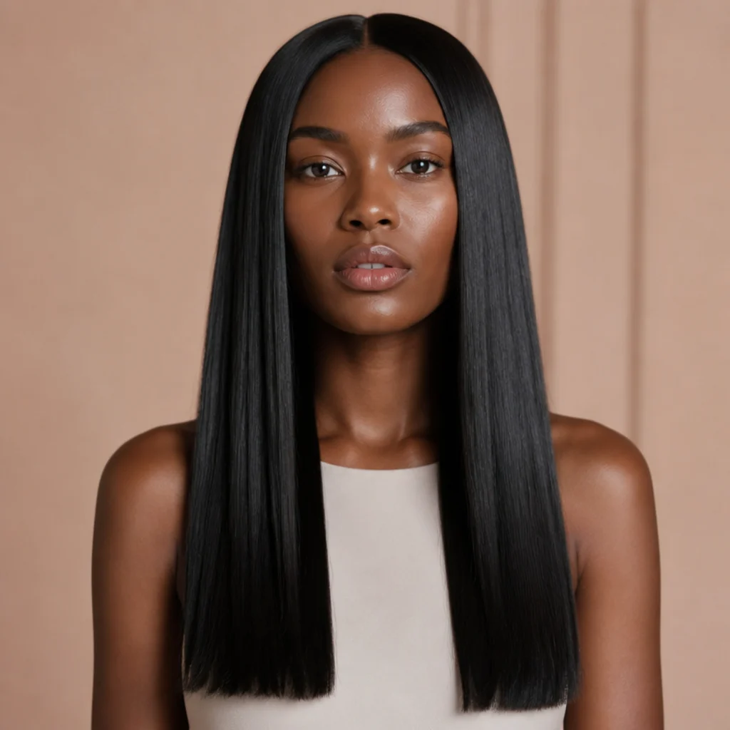 Woman with glassy poker-straight hair, sleek reflective root-to-tip finish with high shine, muted blush backdrop