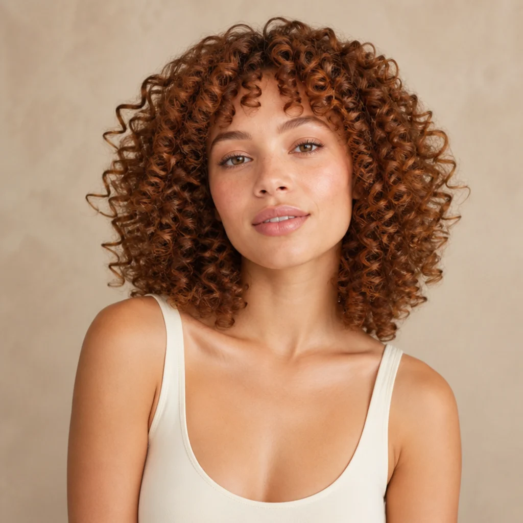 Woman with defined springy ringlet curls with separation and bounce on medium-length hair, warm ivory backdrop