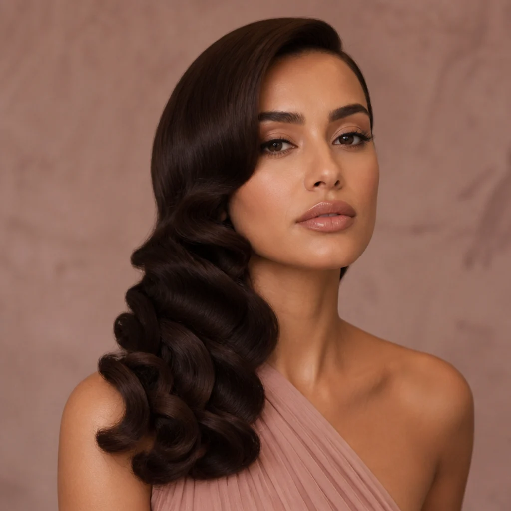 Woman with Old Hollywood side-swept waves, deep uniform glossy S-waves brushed to a satin finish over one shoulder, muted blush backdrop