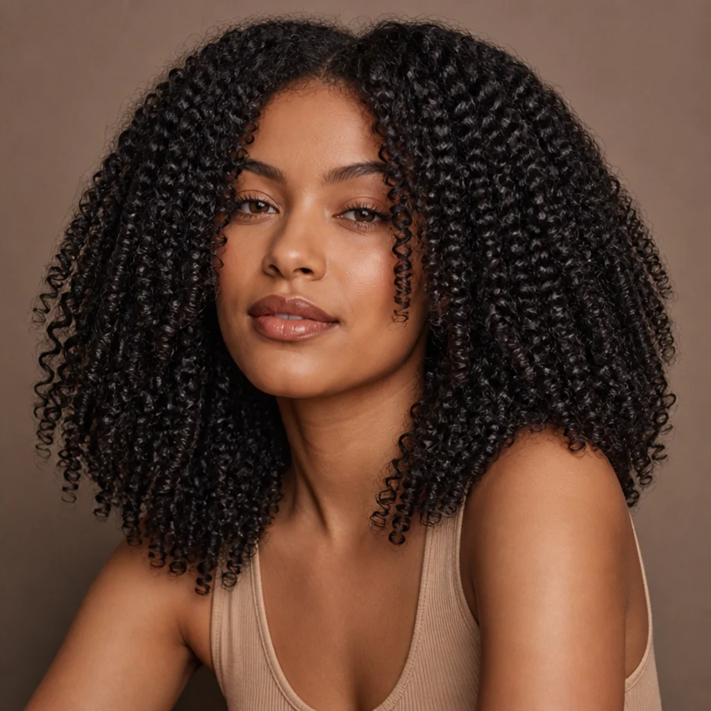 Woman with type 3B to 4A coily hair styled into stretched, defined coily bounce keeping natural volume, taupe backdrop