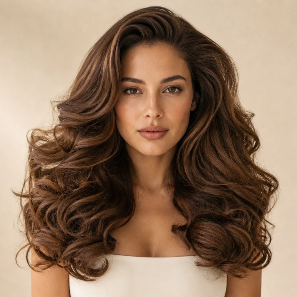 Woman with full bold bombshell curls, root-to-tip volume lightly brushed into one lush cascading shape on long hair, warm ivory backdrop