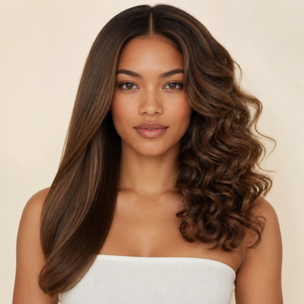 Editorial split-style beauty portrait showing a smooth blowout on one side and soft bouncy curls on the other, warm ivory studio backdrop