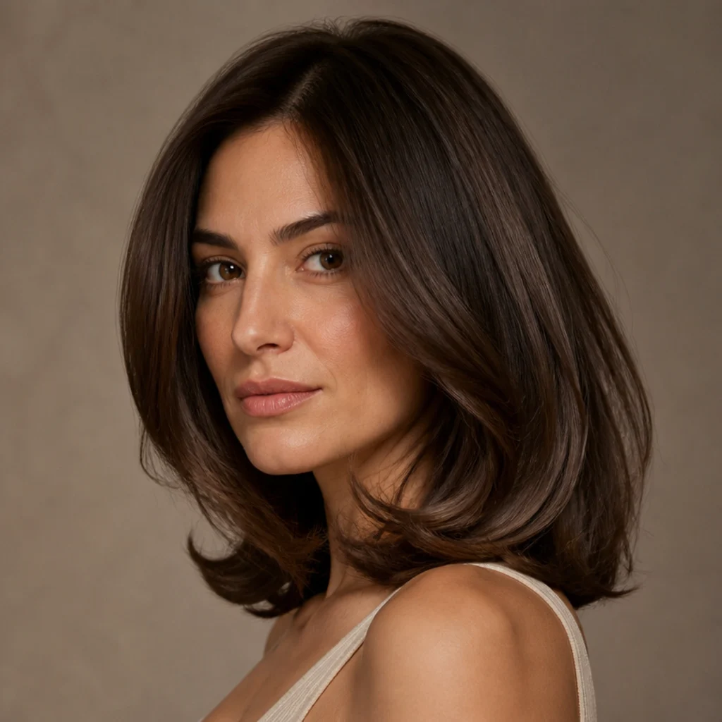 Woman with a rounded bouncy medium-length brunette blowout, ends curved gently under and a glossy face-flattering finish on a taupe studio background