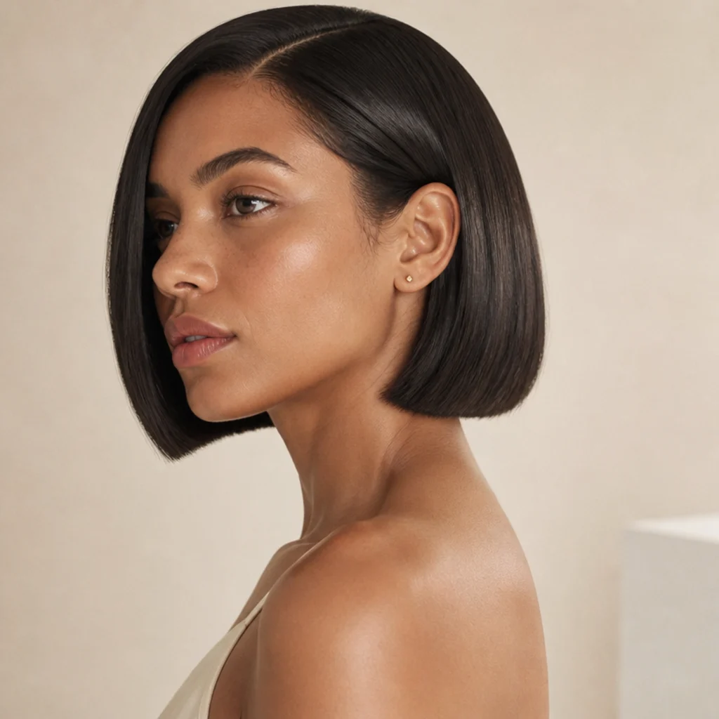 Model with a sleek glossy chin-length bob, blunt ends tucked under and a sharp side part, styled on a warm ivory background