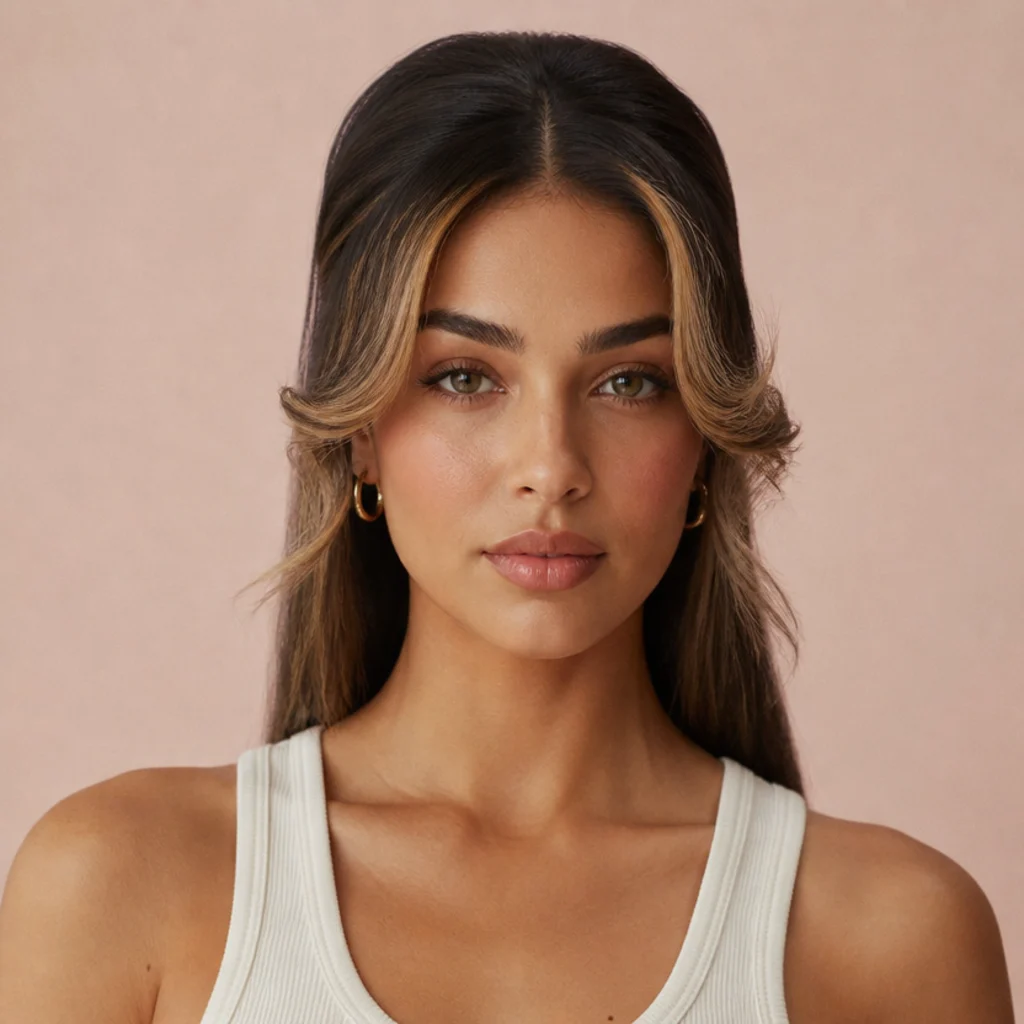 Woman with dark hair and lighter face-framing pieces curled back away from the cheeks, soft crown volume, muted blush background
