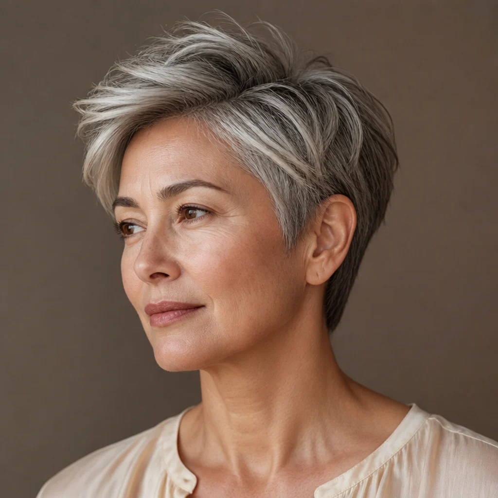 Person with a short pixie cut styled into a soft side sweep with lifted piecey texture on top, warm taupe background