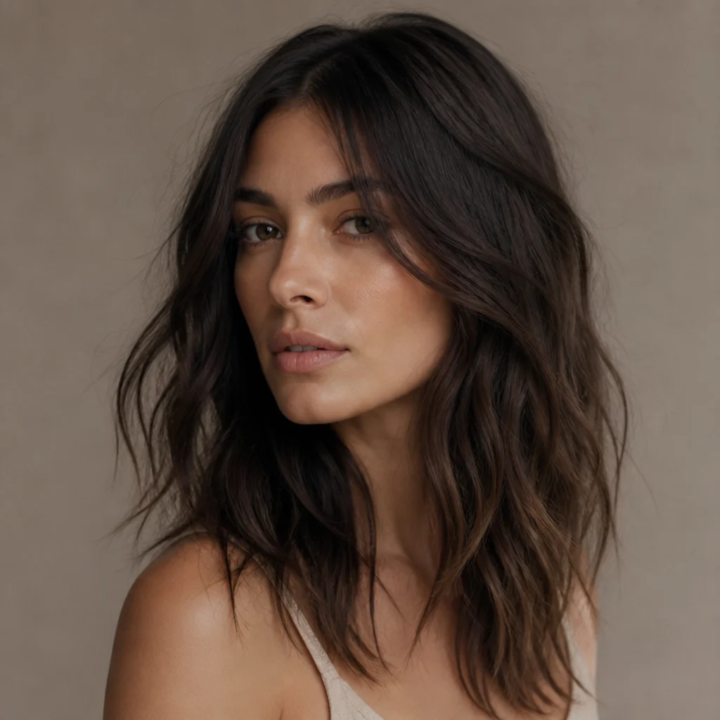 Woman with tousled beachy waves in cool-toned brunette, undone piecey texture and a matte-soft finish on a taupe background