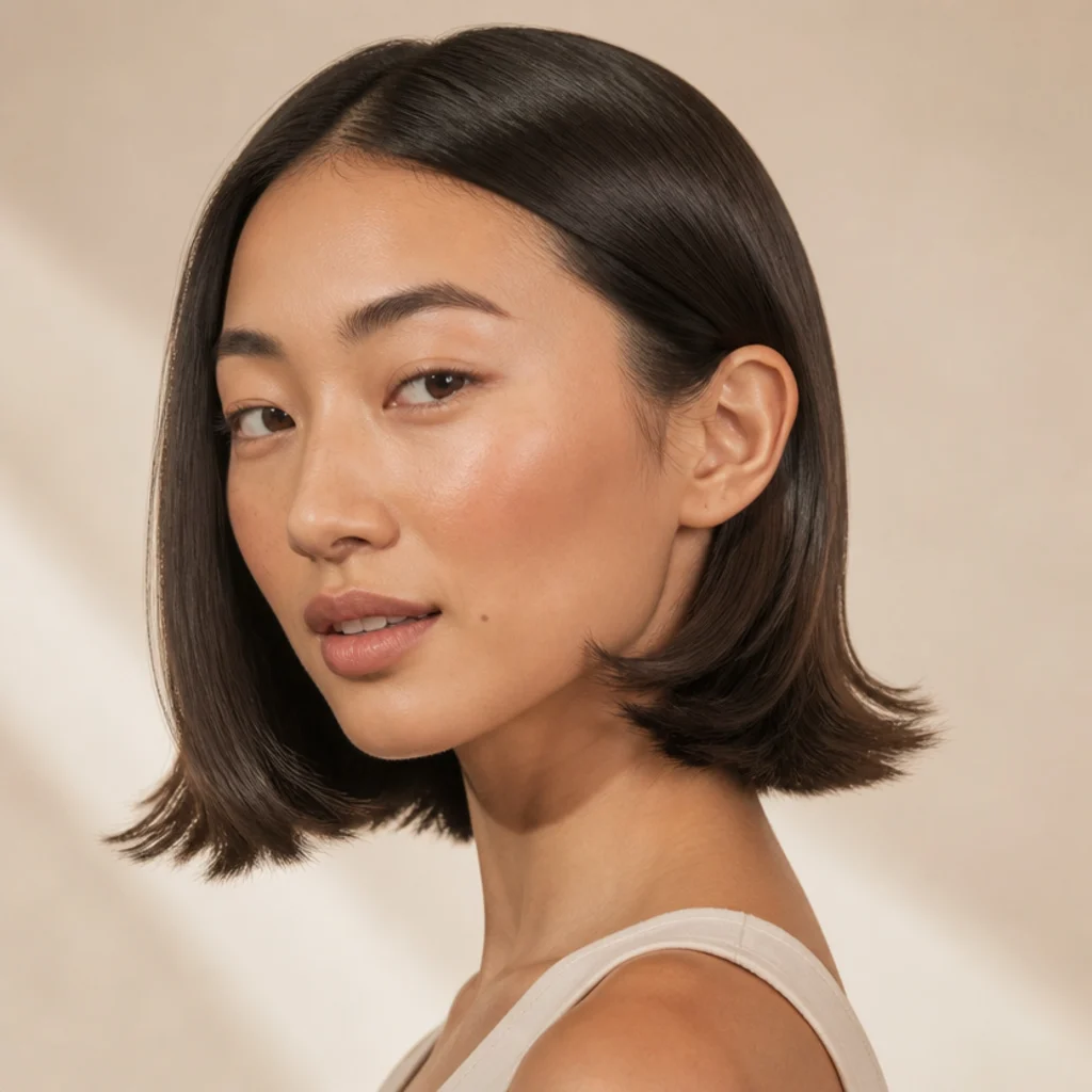 Model with a blunt collarbone-length lob, ends flipped outward in a subtle flick with sleek shine, warm ivory background