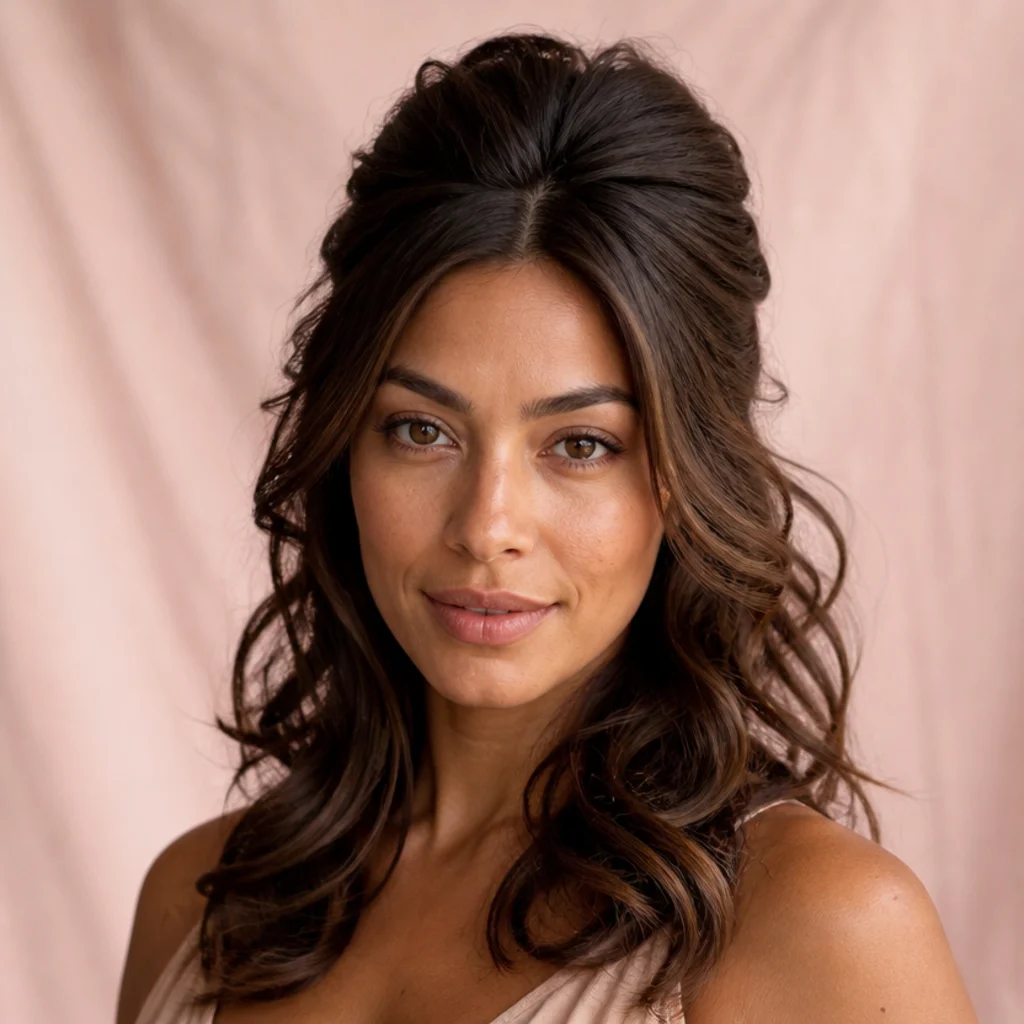 Woman with a half-up style, crown lifted and voluminous with loose curled lengths falling below, soft blush backdrop