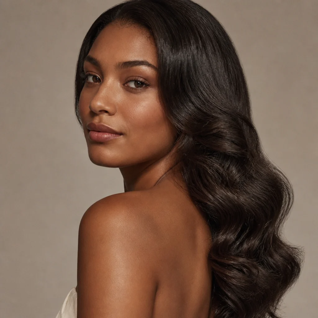 Model with naturally curly hair smoothed into soft glossy waves with body and shine, deep brown, taupe studio background