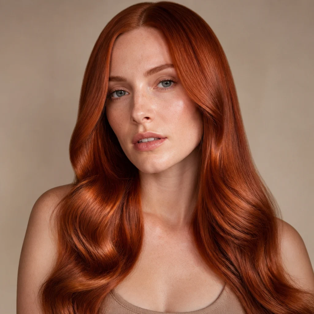 Woman with vivid copper-red hair in smooth glass-like waves catching the light with a glossy finish, warm ivory background