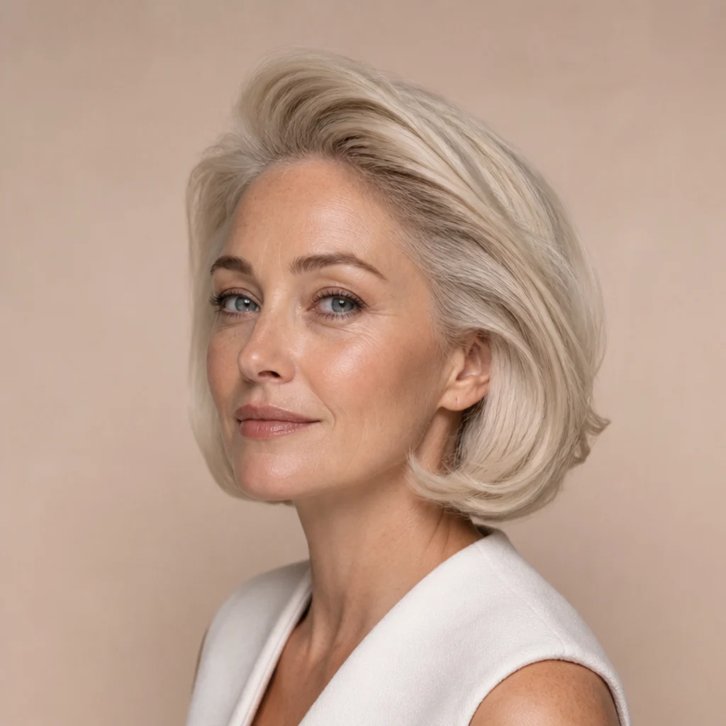 Model with platinum blonde hair styled with dramatic root lift and soft rounded ends for airy volume, muted blush background