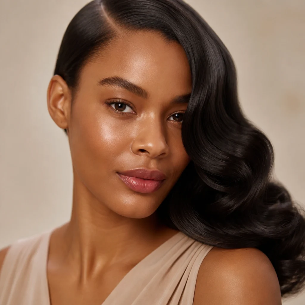 Woman with a deep side part and smooth vintage-inspired waves sweeping across one side, glossy dark hair, ivory backdrop
