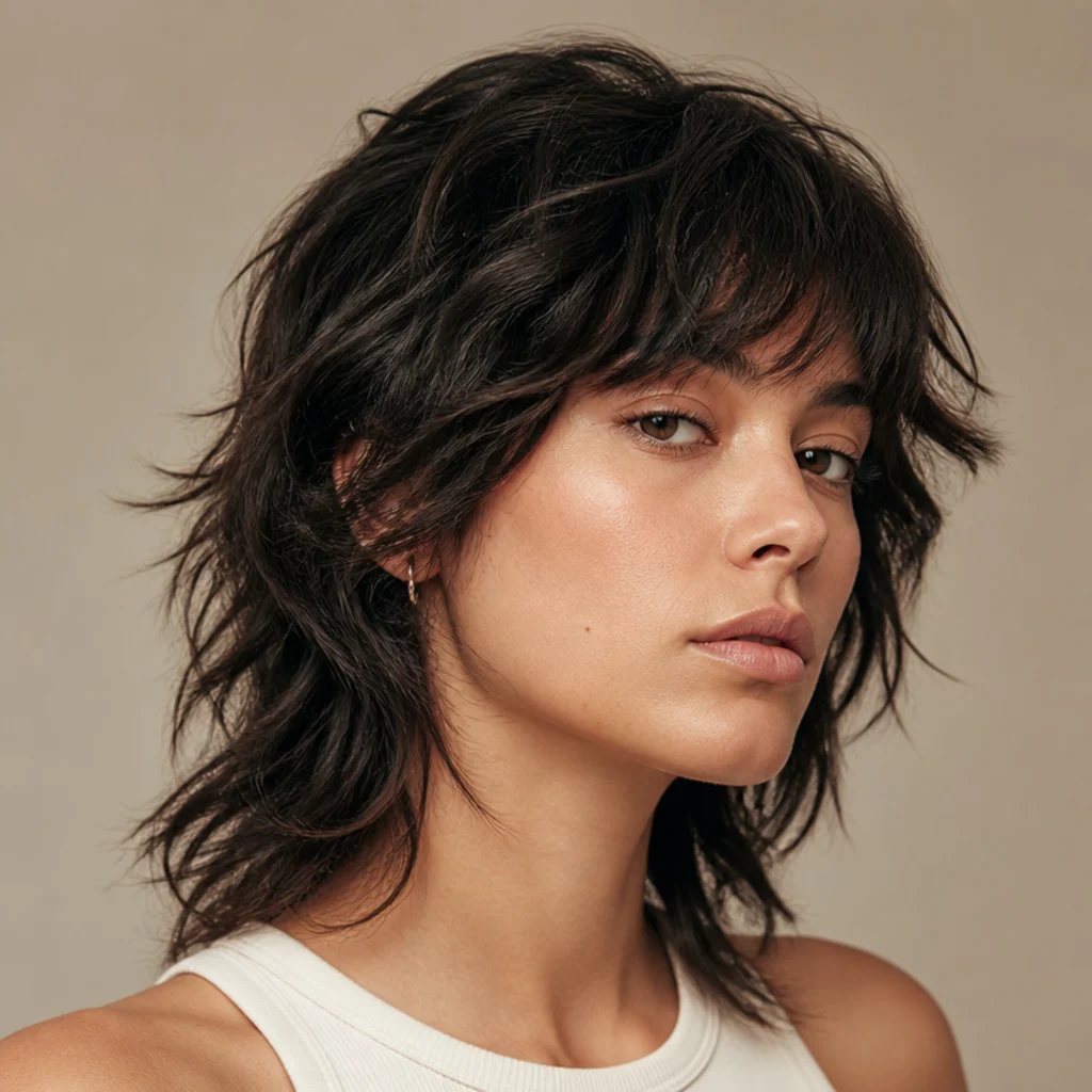 Model with a shag haircut styled with piecey layered movement and lifted roots in a cool brunette, warm taupe background