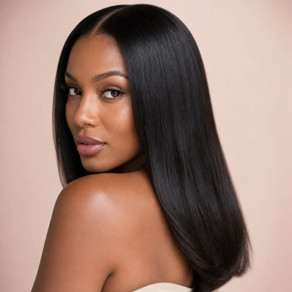 Woman with sleek straight glossy hair with subtle body at the ends and a healthy mirror shine, blush studio background