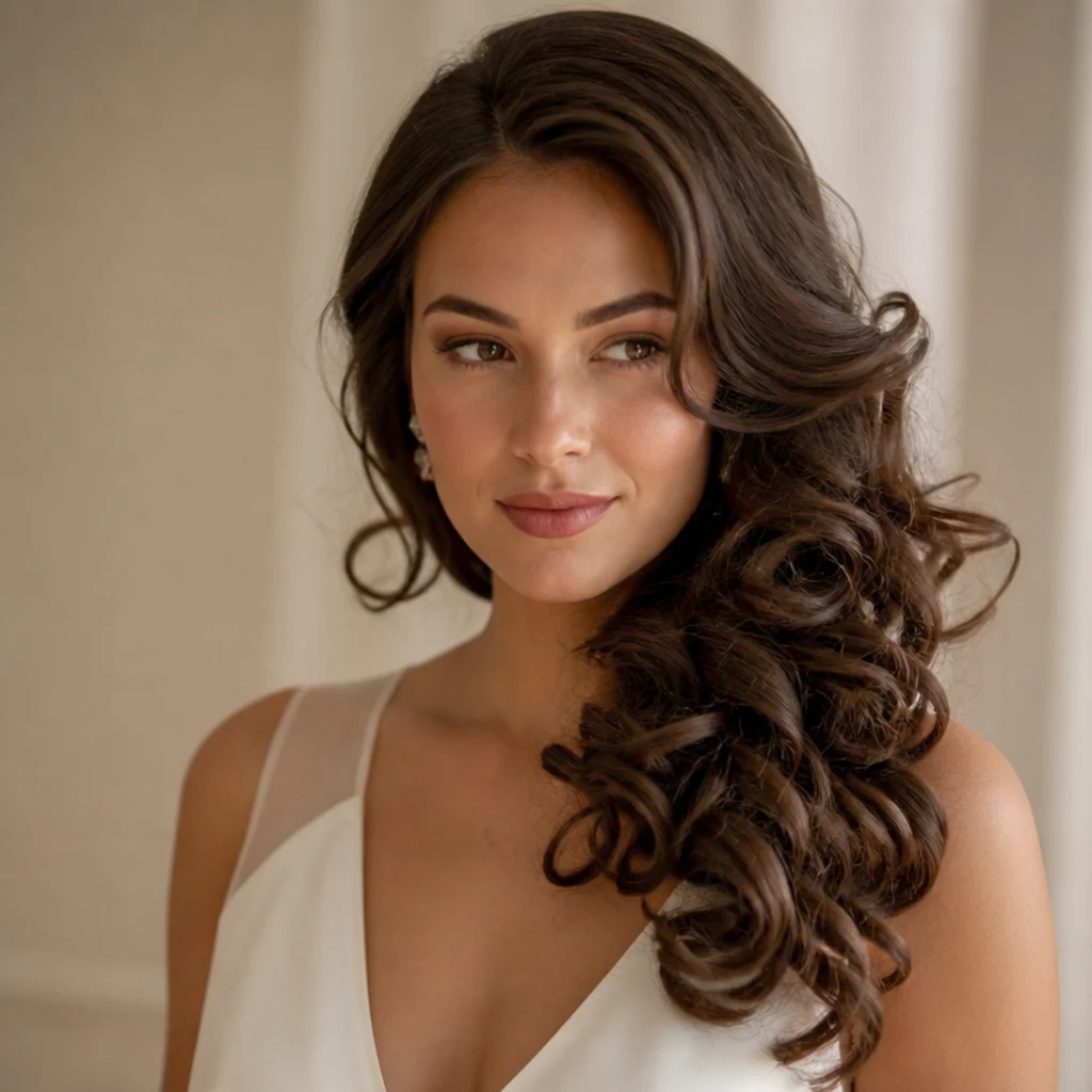 Model in soft-focus bridal styling with voluminous romantic curls cascading over one shoulder, glossy warm brunette, ivory background