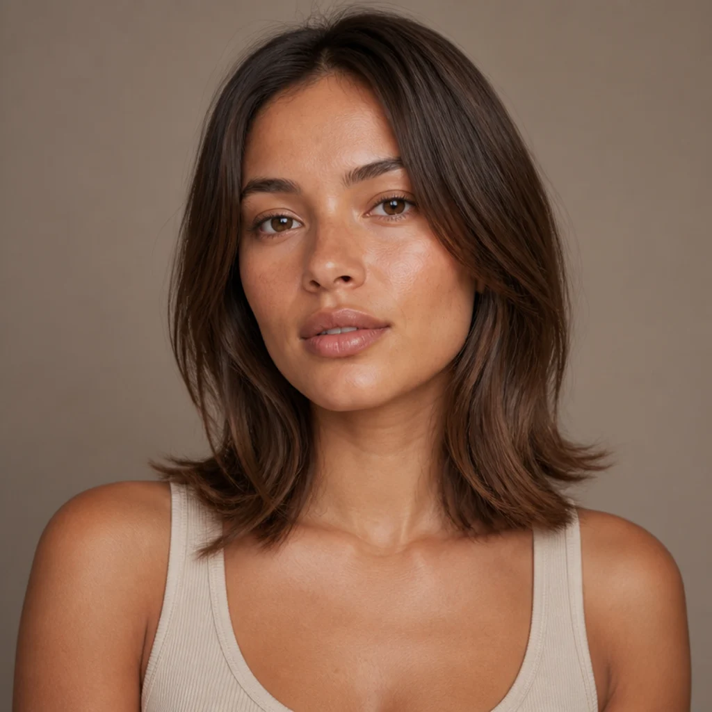 Woman with a simple soft bend through medium-length hair for a natural everyday finish in warm brown, taupe background