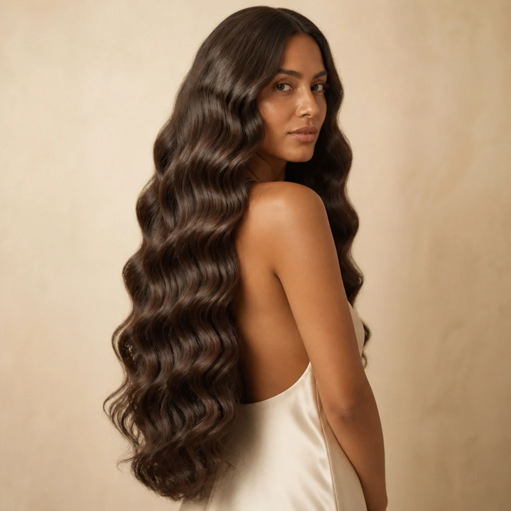 Woman with very long waist-length hair in flowing mermaid waves, glossy dark chestnut, dramatic length on ivory background