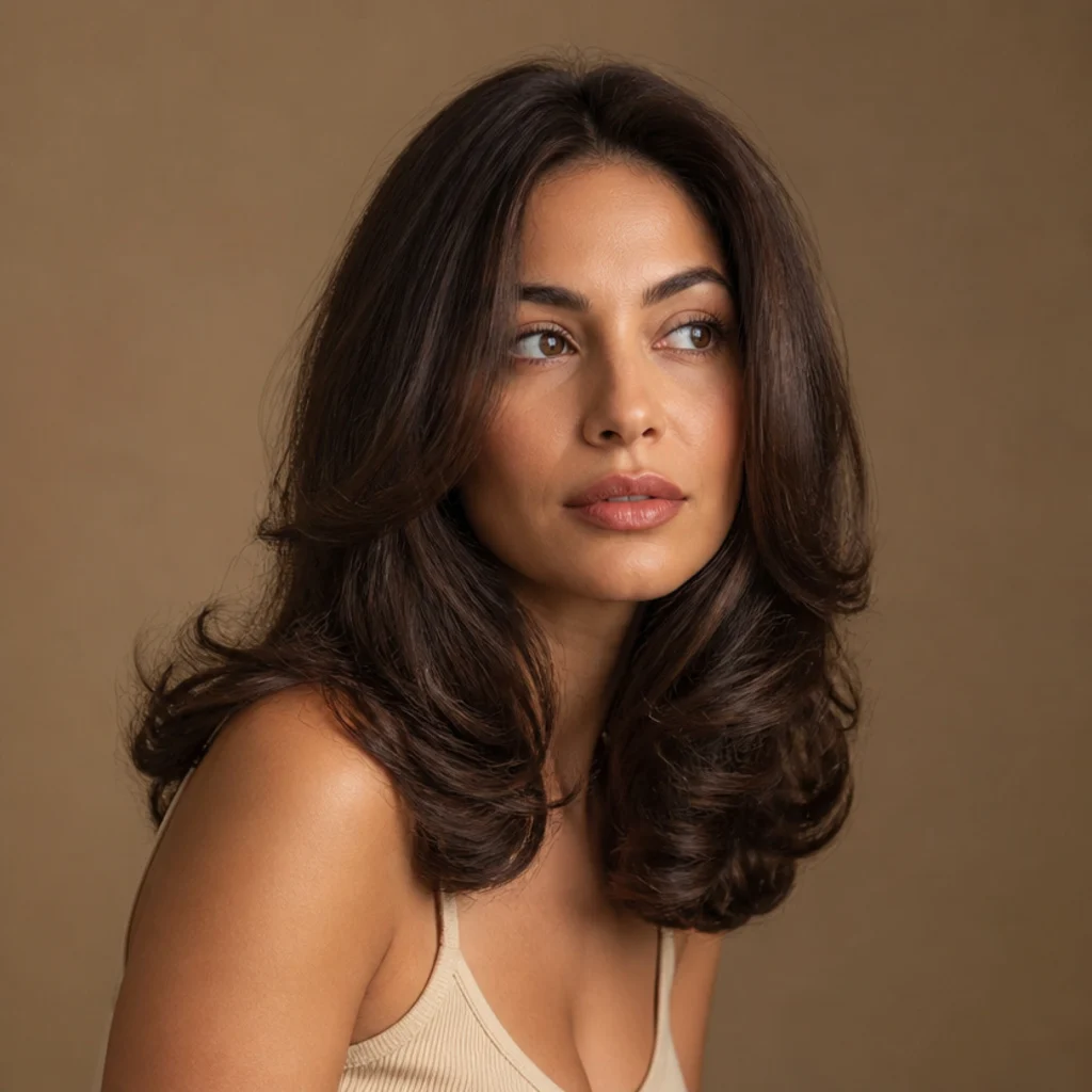 Model with a rounded soft blowout, curled ends sweeping under at the shoulders in rich brunette
