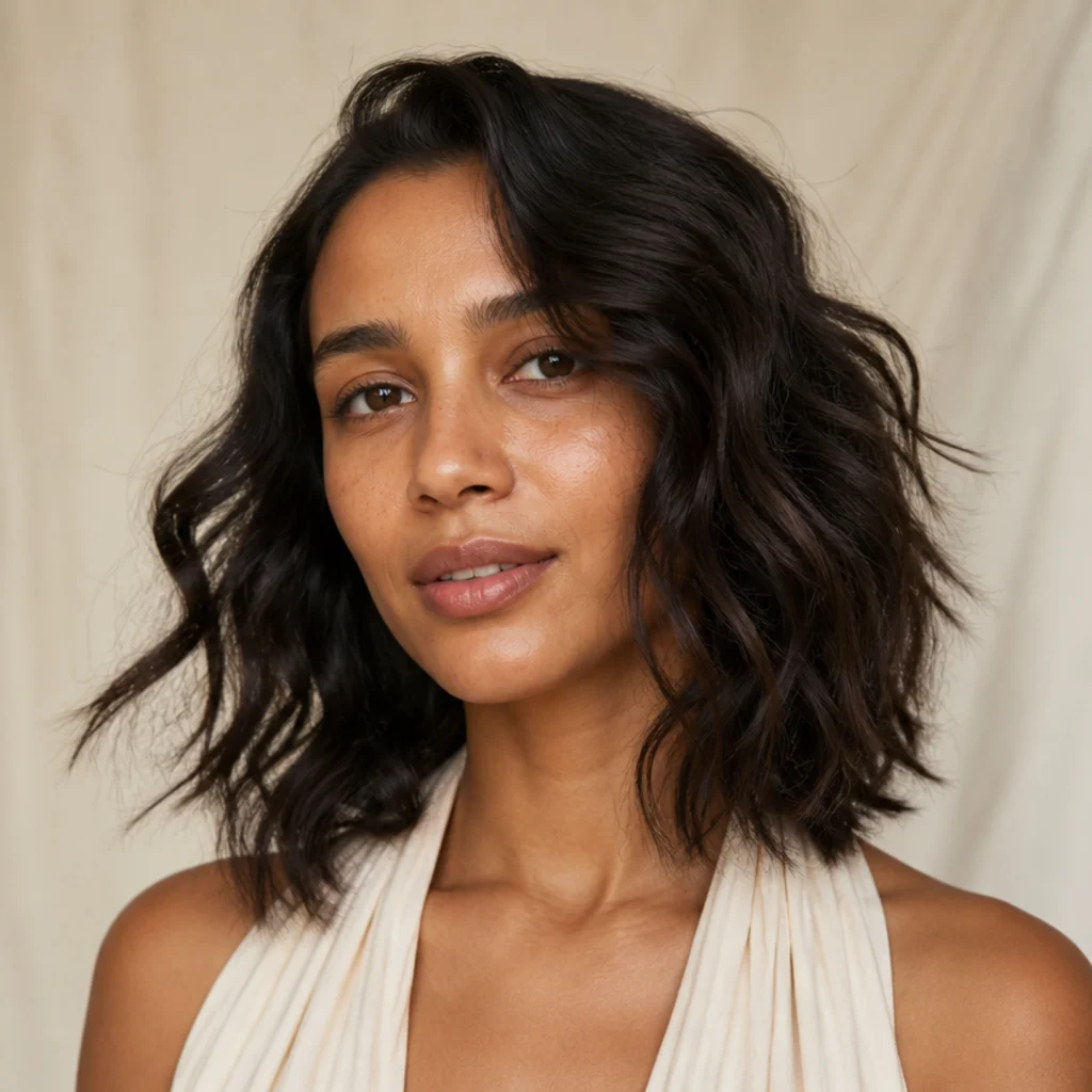 Model with natural-looking waves curled in mixed directions, tousled shoulder-length dark hair