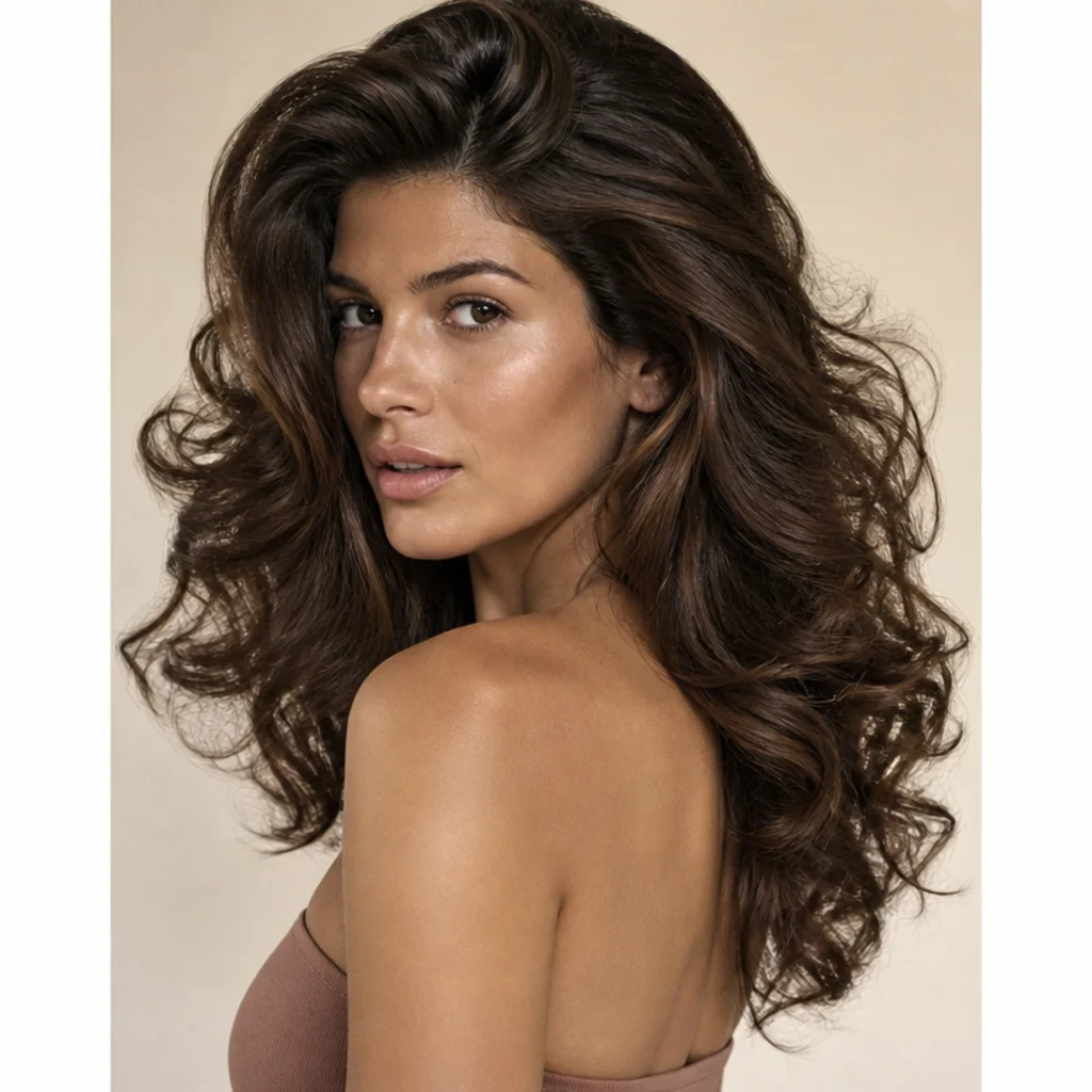 Model with big voluminous brushed-out curls and lifted crown volume, glossy chestnut hair