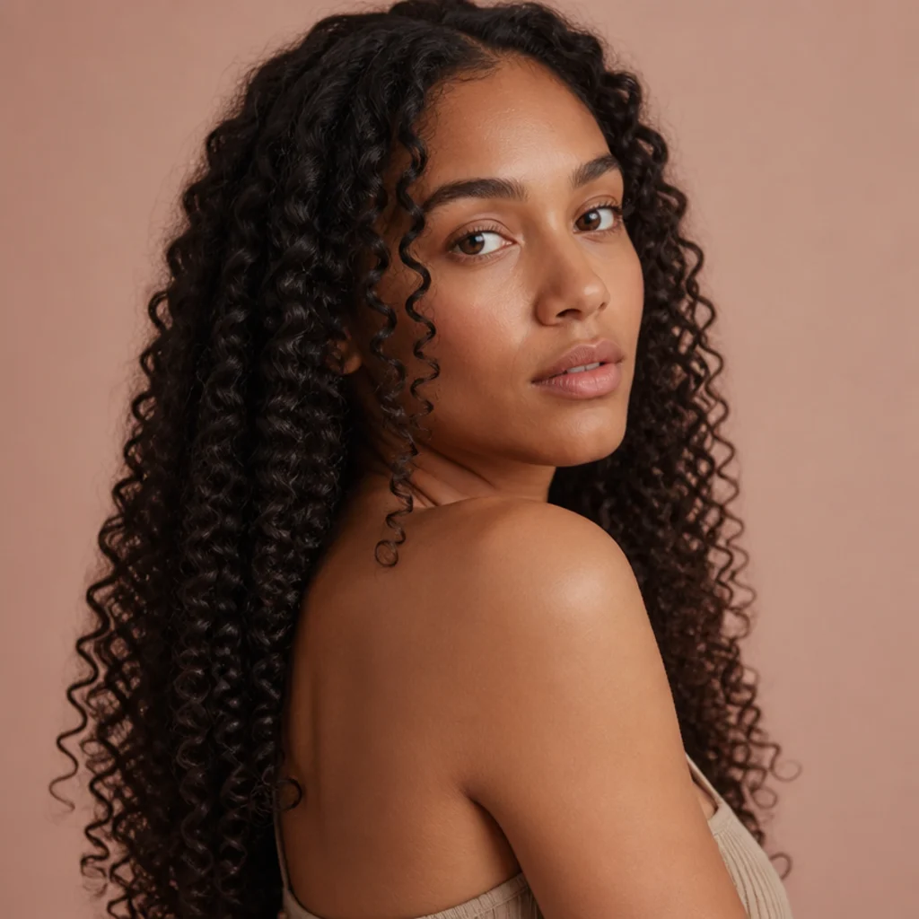 Model with defined springy ringlet spirals cascading past the shoulders, deep espresso hair