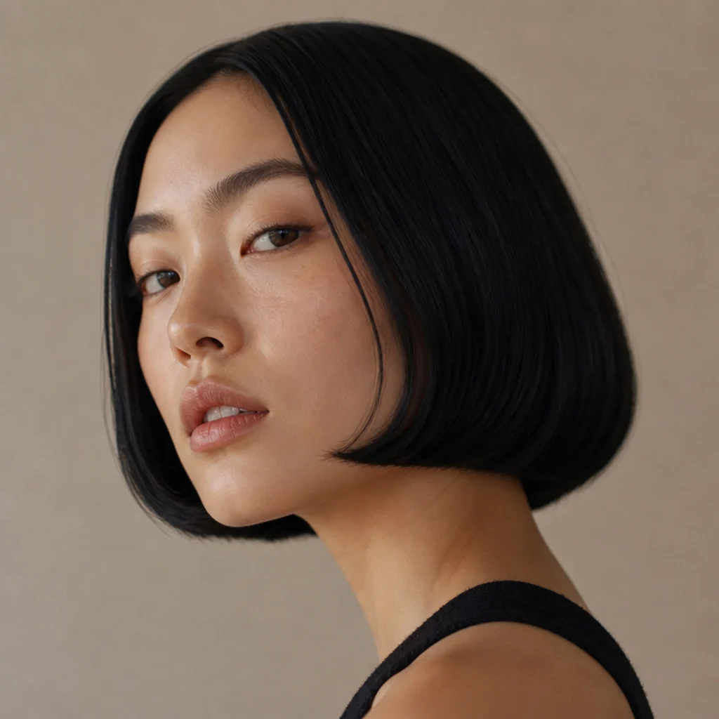 Model with a chin-length blunt bob and ends curled under into a smooth C-shape, jet black hair