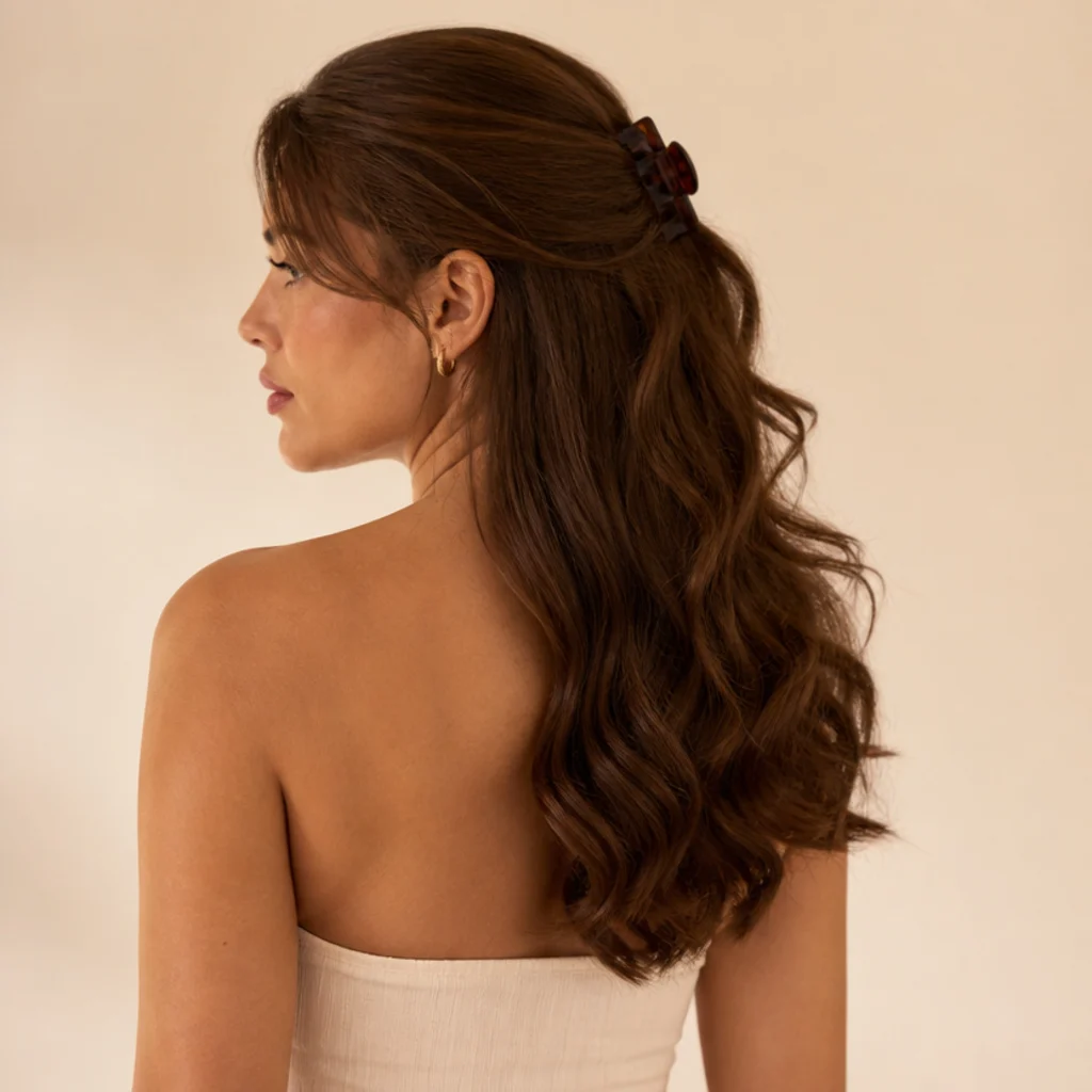 Model with a half-up clipped style and curled loose lengths flowing down the back, warm brown hair
