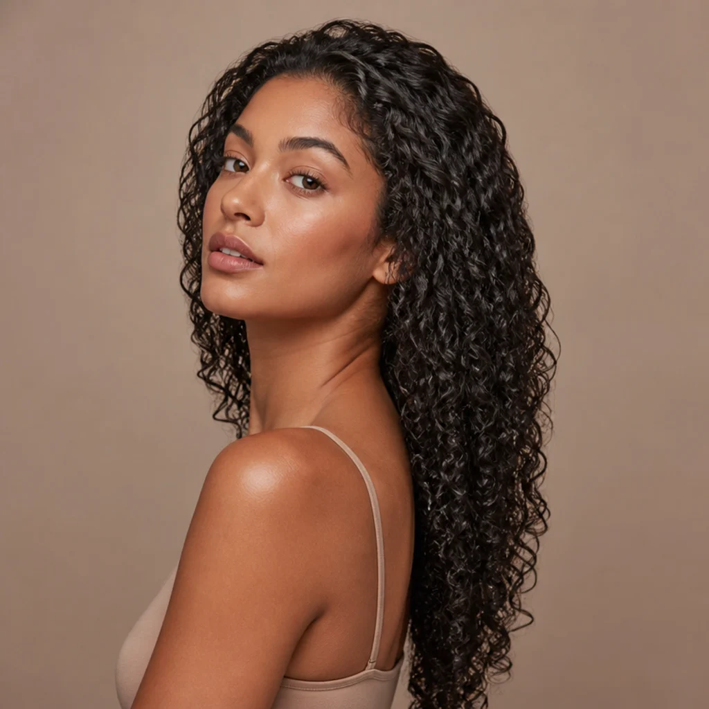 Model with elongated defined curls and natural volume, richly textured dark curly hair