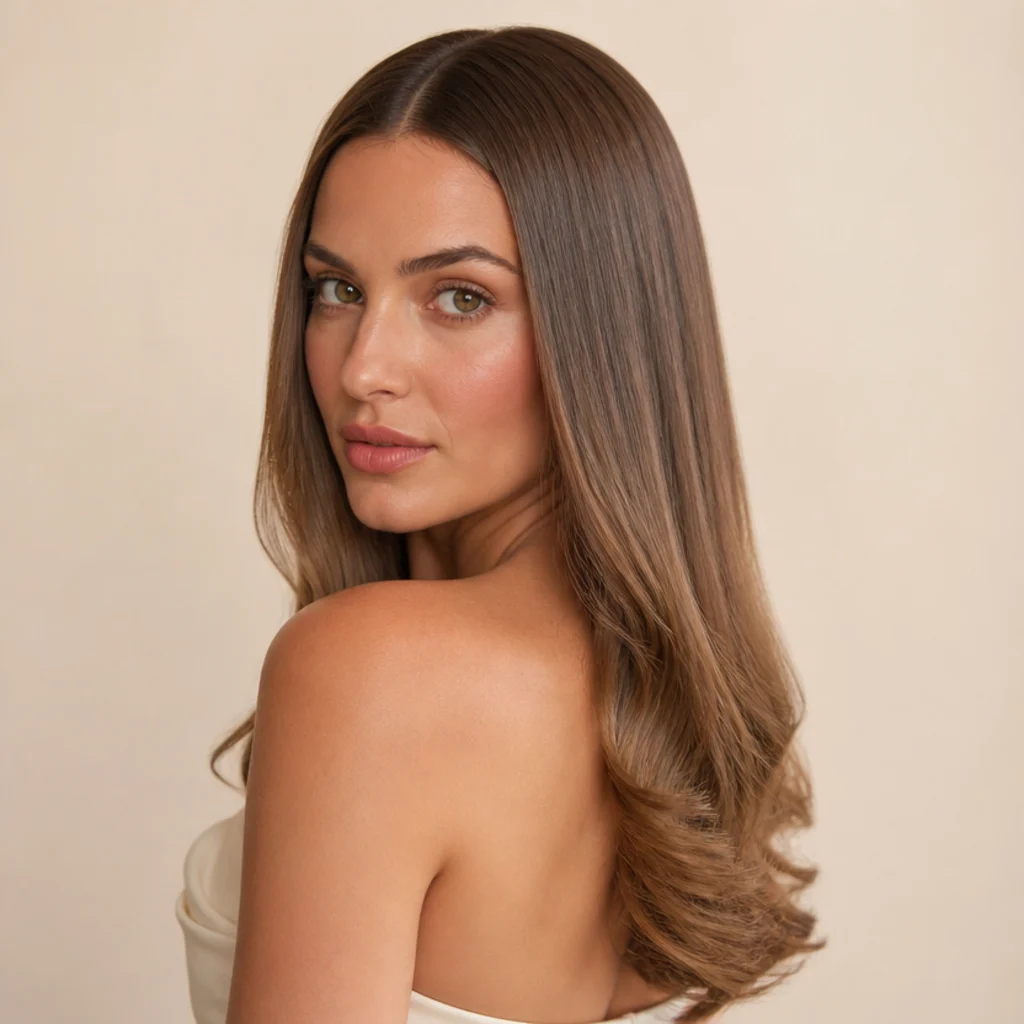 Model with a smooth flat root transitioning into curled ends at the bottom third, glossy dark blonde hair