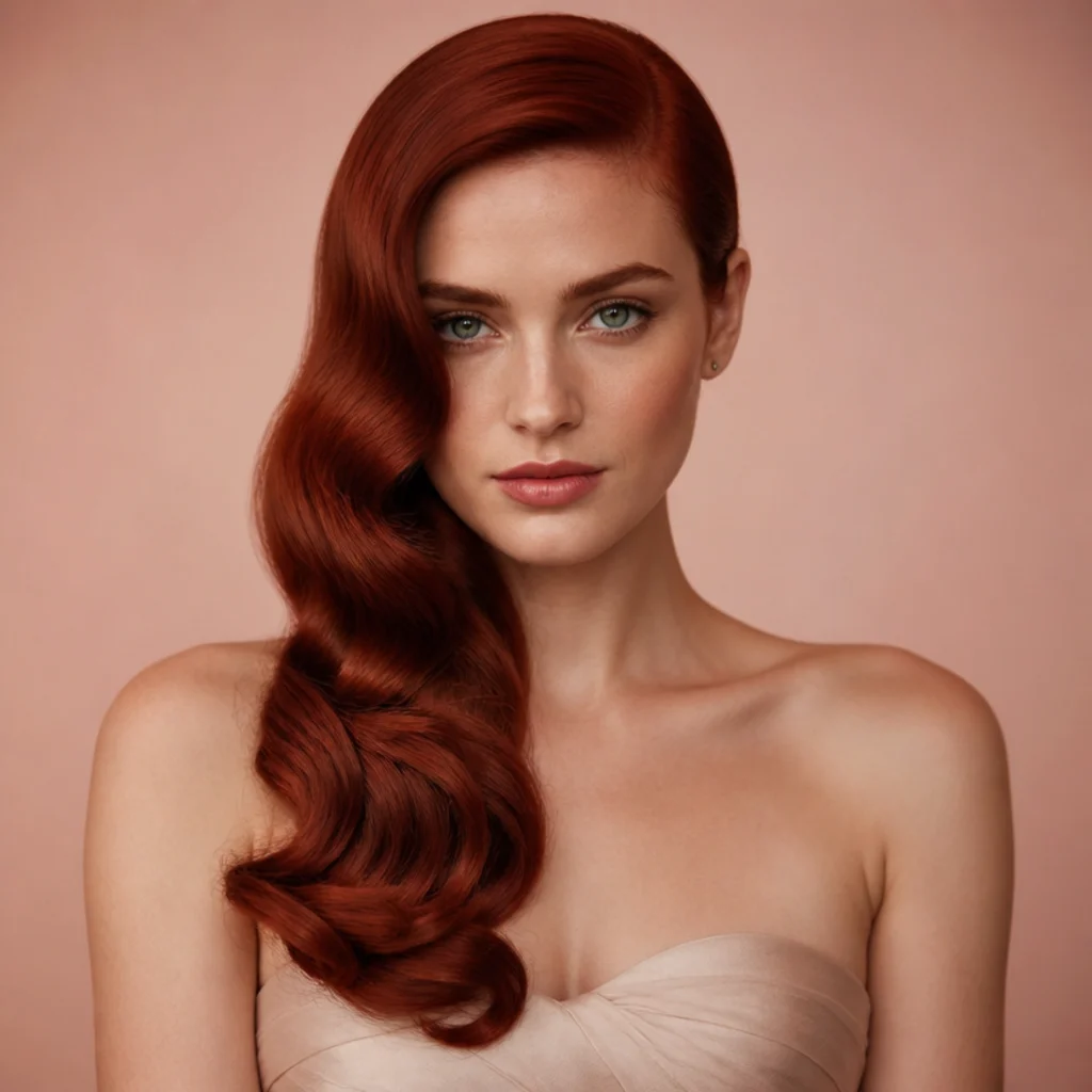Model with glamorous uniform side-swept waves pinned over one shoulder, deep red vintage-style hair