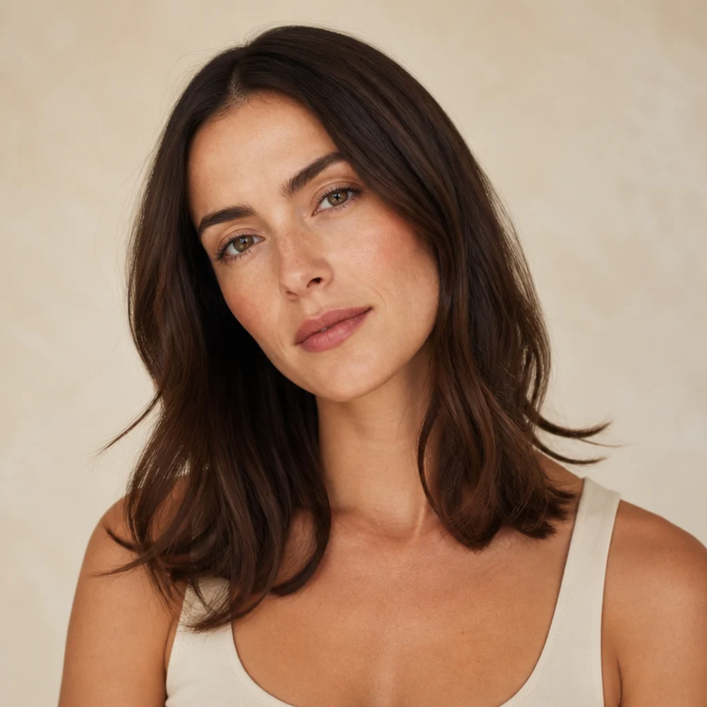 Model with a subtle soft bend through the lengths and natural movement, medium chestnut hair