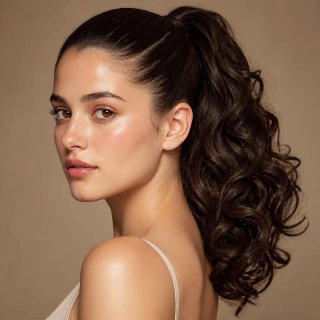 Model with a high ponytail and curled cascading tail, smooth pulled-back front, dark brunette hair