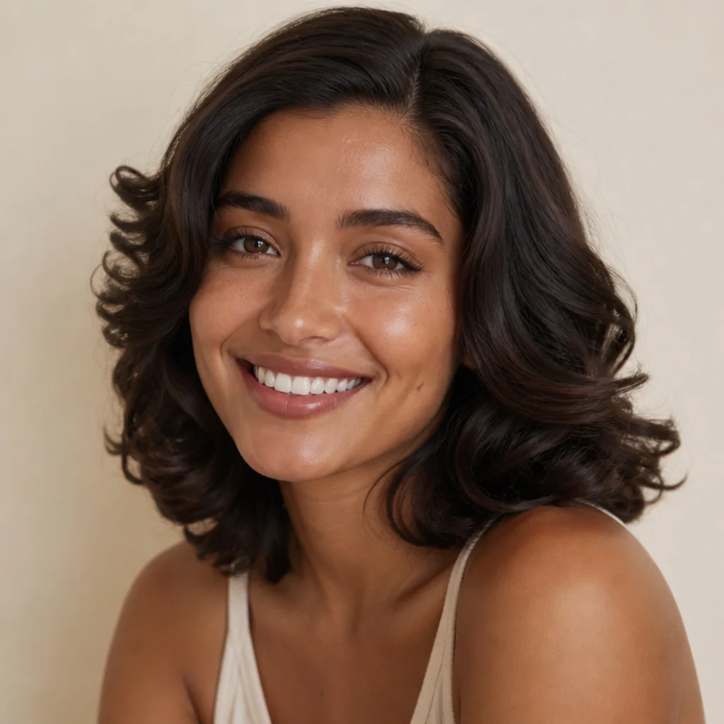 Smiling model with soft bouncy shoulder-length curls styled on a warm ivory studio backdrop